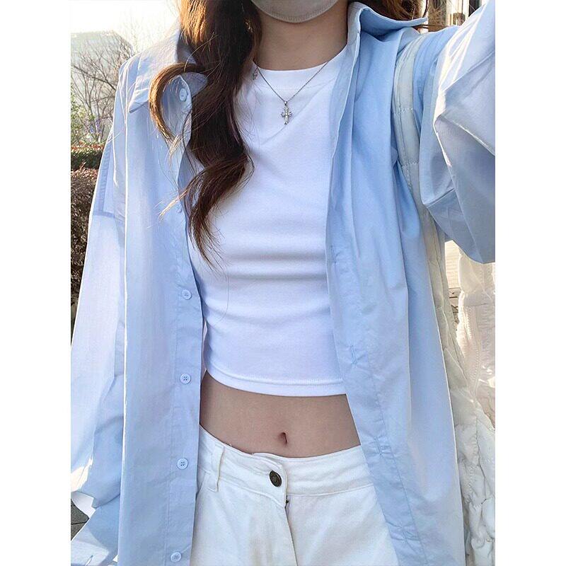 美式蓝色长袖衬衫男夏季休闲潮流宽松慵懒衬衫高级感痞帅薄款外套