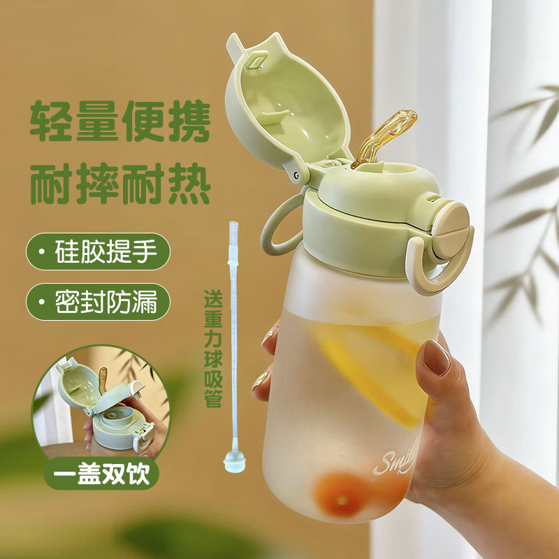 水杯女高颜值学生儿童上学便携耐高温夏季塑料杯带吸管刻度水杯子