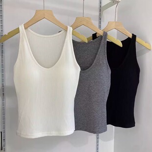 露锁骨弹力上衣 U领修身 古妃3711薄款 粗螺纹吊带背心女带胸垫时尚