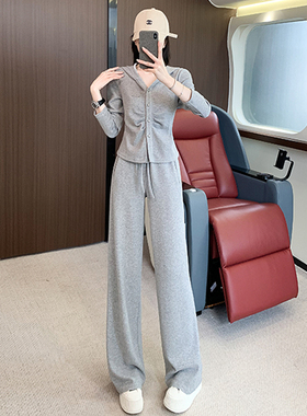 休闲运动洋气连帽褶皱卫衣阔腿裤两件套潮 舒适柔软灰色居家套装