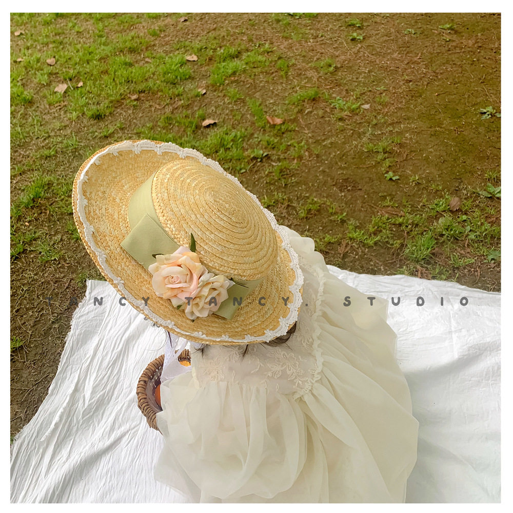 法式蕾丝花边ins森系草帽儿童夏小清新甜美绑带女童lolita遮阳帽