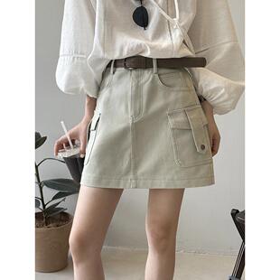 高腰遮胯显瘦带防走光半身裙82303 言双 双口袋工装 a字短裙女 夏季