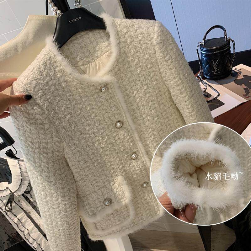 水貂毛拼接编织粗花呢小香风羽绒内胆保暖外套时尚加绒纯色厚大衣