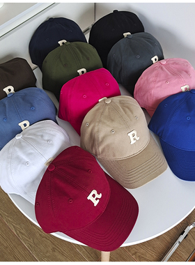 字母R标棒球帽子女软顶百搭大头围显脸小鸭舌帽男韩版咖啡色蓝色