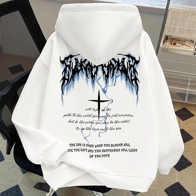 男童秋冬美式高街潮牌闪电字母印花纯棉连帽卫衣中大童加绒外套