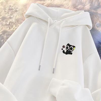 EXLUX日系卡通罗小黑连帽卫衣男女童秋冬潮流加绒宽松显瘦上衣INS