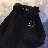 2026男女童黑色连帽卫衣秋冬加绒新款 外套 猫咪印花中大儿童帽衫