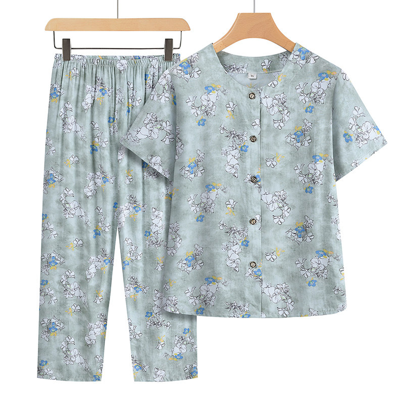 中年妈妈装开衫两件套绵绸短袖女装奶奶休闲套装中老年人夏季衣服