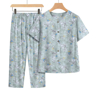 中年妈妈装开衫两件套绵绸短袖女装奶奶休闲套装中老年人夏季衣服