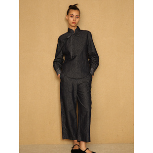 PaleBlueDot蓝点·时髦新中式早春藏蓝提花薄牛仔立领系带衬衣