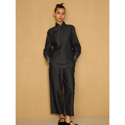 蓝点新中式藏蓝提花牛仔衬衣