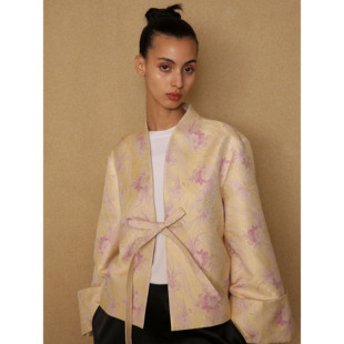 PaleBlueDot蓝点·时髦新中式春夏黄色提花蝴蝶结V领女士宽松外套