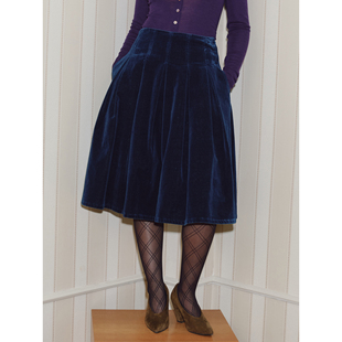 PaleBlueDot蓝点冬季复古优雅水洗灯芯绒做旧叠扣百褶伞裙