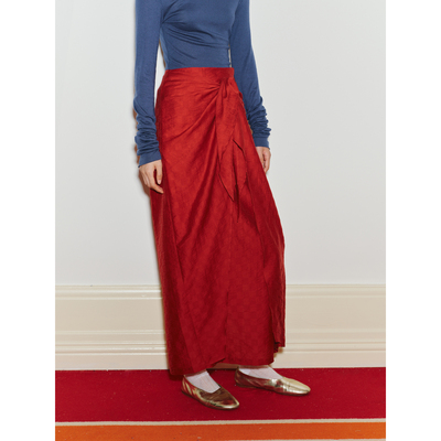 蓝点2025秋季红色棋盘格绑结半裙