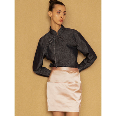 蓝点新中式粉色缎面提花包臀半裙