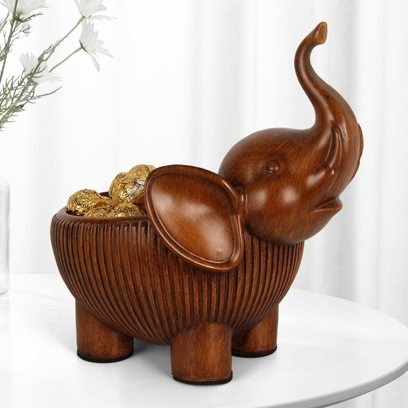 入户玄关钥匙收纳仿柚木大象创意家居客厅储物摆件手工艺礼品装饰