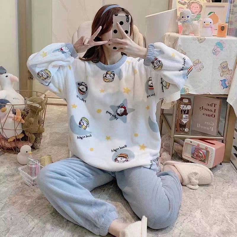 睡衣女冬珊瑚绒韩版大码可爱秋冬款加厚法兰绒女士家居服春秋