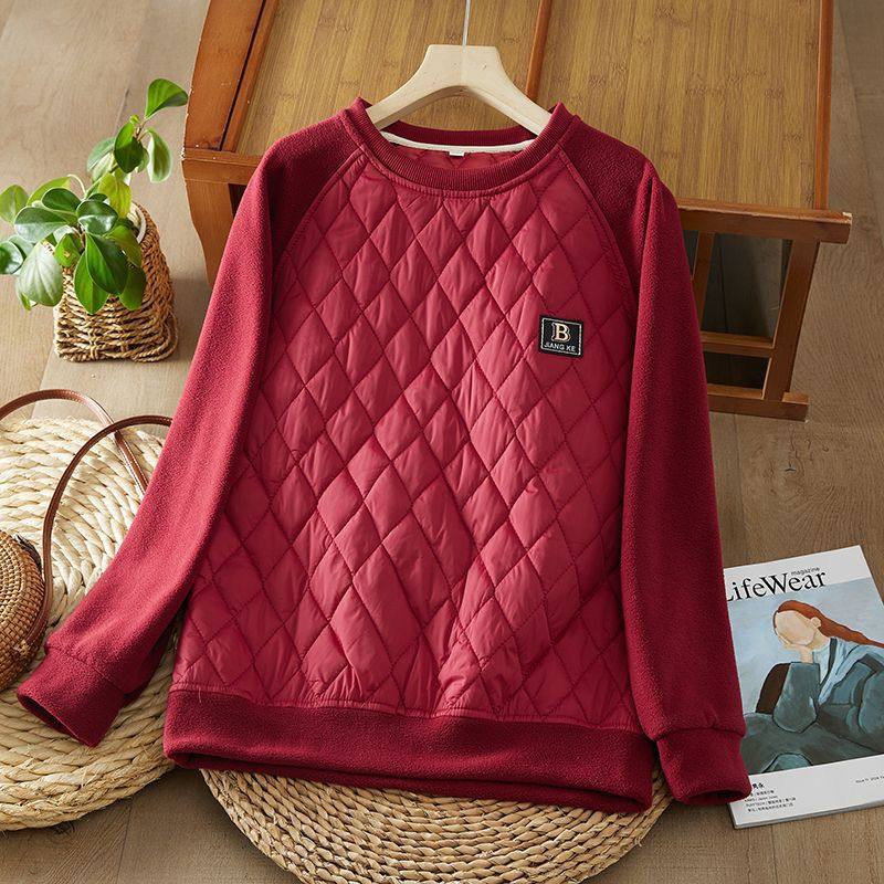 秋冬季新款洋气保暖时尚加厚加绒菱形格圆领套头显瘦卫衣上衣女装