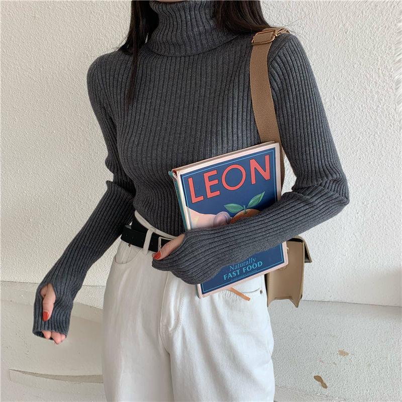 高领套指毛衣女秋冬季修身套头长袖柔软针织衫内搭打底衫御姐风