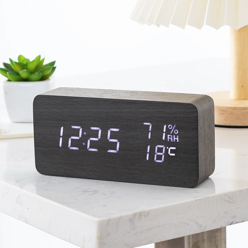 复古木质木纹家用室内简约温湿度计带闹钟声控静音夜光数显木头钟