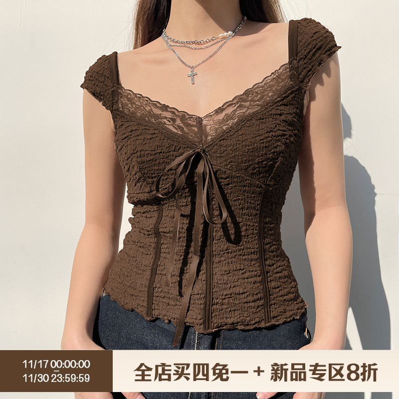 美式复古蕾丝肌理感棕色短袖T恤