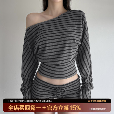 美式经典百搭条纹斜肩长袖T恤女