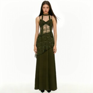 SEEYOULATER 小众古着蕾丝围脖绿色吊带连衣裙收腰百搭拼接长裙女