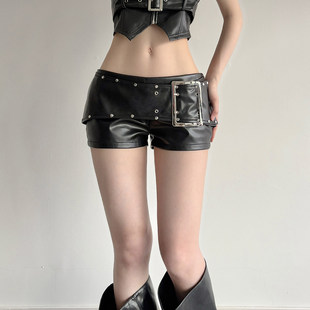 鸡眼宽边金属扣热裤 SEEYOULATER 显瘦皮革短裤 街头感辣妹修身 美式