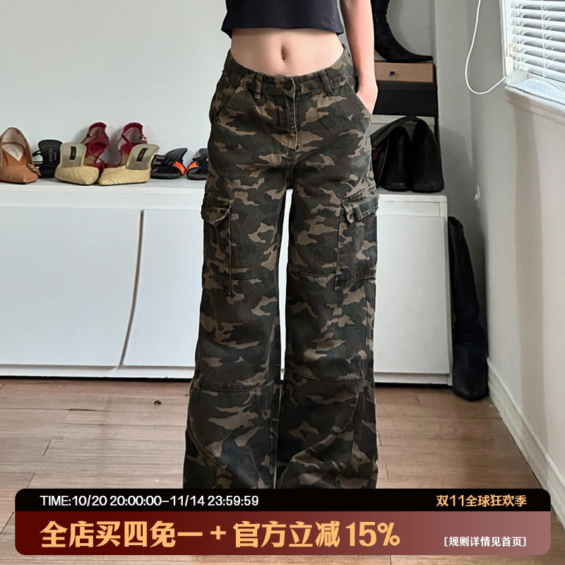 美式复古迷彩印花低腰口袋工装裤