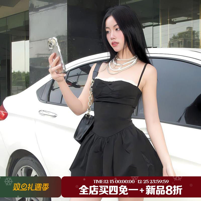 法式气质蕾丝拼接收腰吊带连衣裙