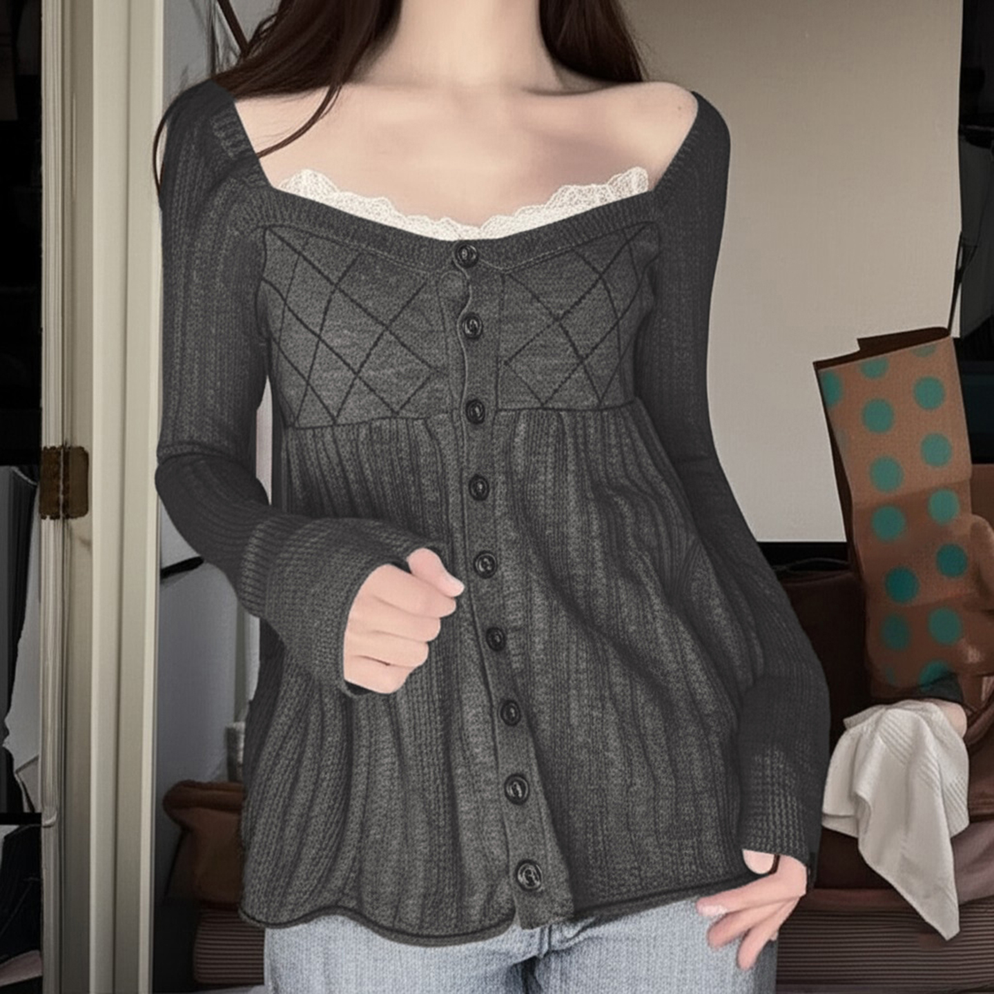 古早纯欲蕾丝拼接针织长袖毛衣女