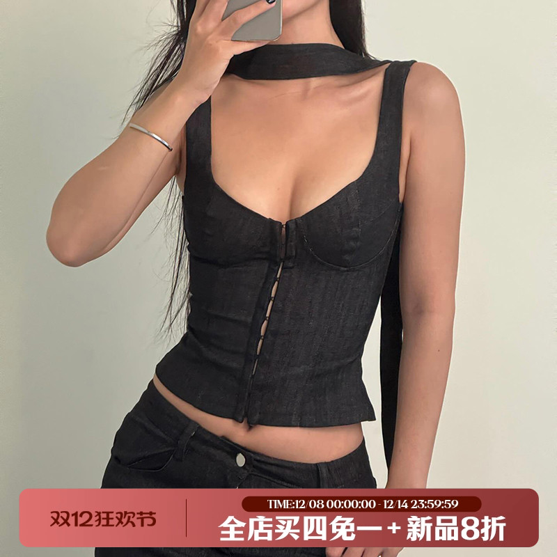 美式辣妹修身排扣v领吊带背心女