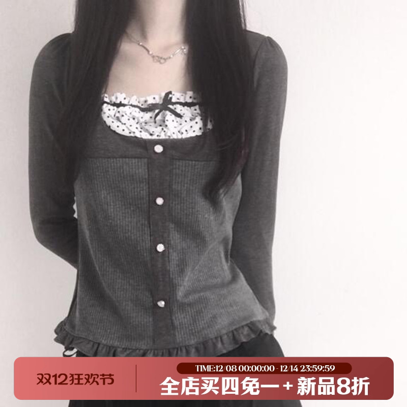 日系甜美波点假两件拼接针织T恤