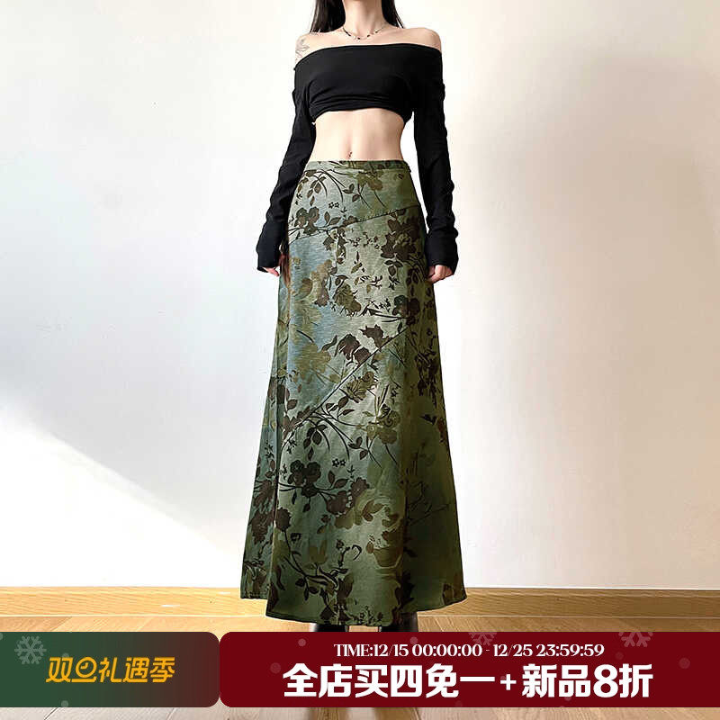复古森系植物印花vintage半身裙