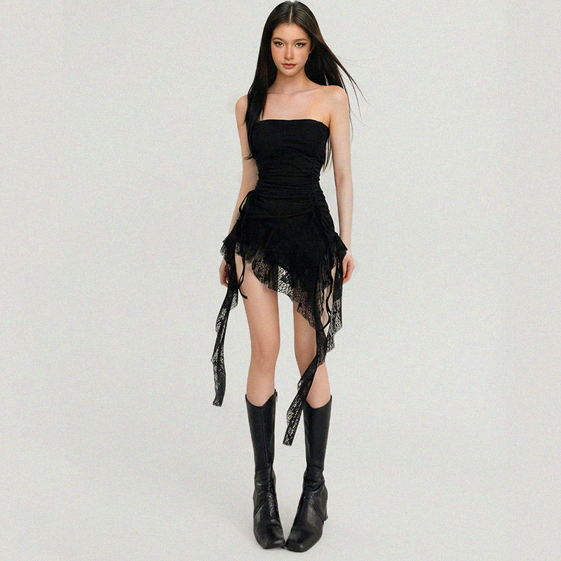 法式浪漫黑色蕾丝抽褶抹胸连衣裙图片
