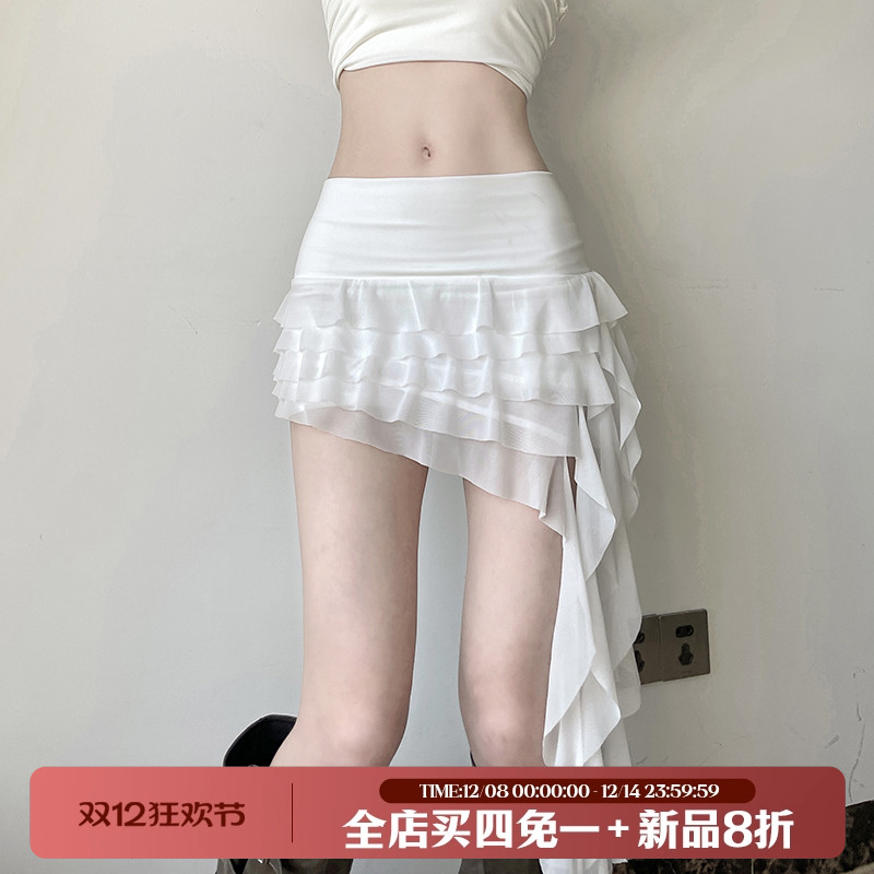 空灵纯欲层叠荷叶边低腰飘带短裙