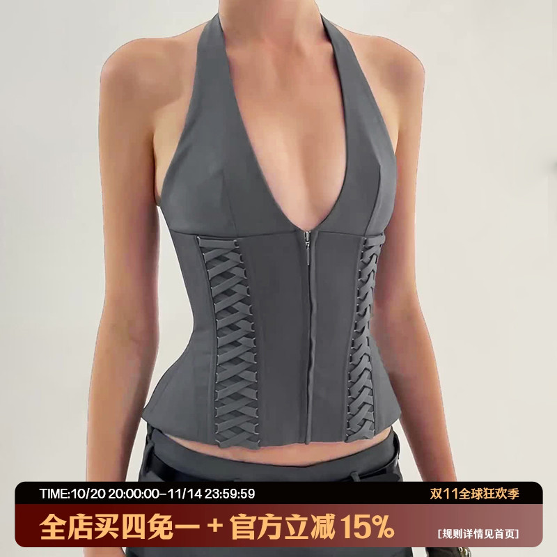 jennie同款挂脖v领绑带吊带背心