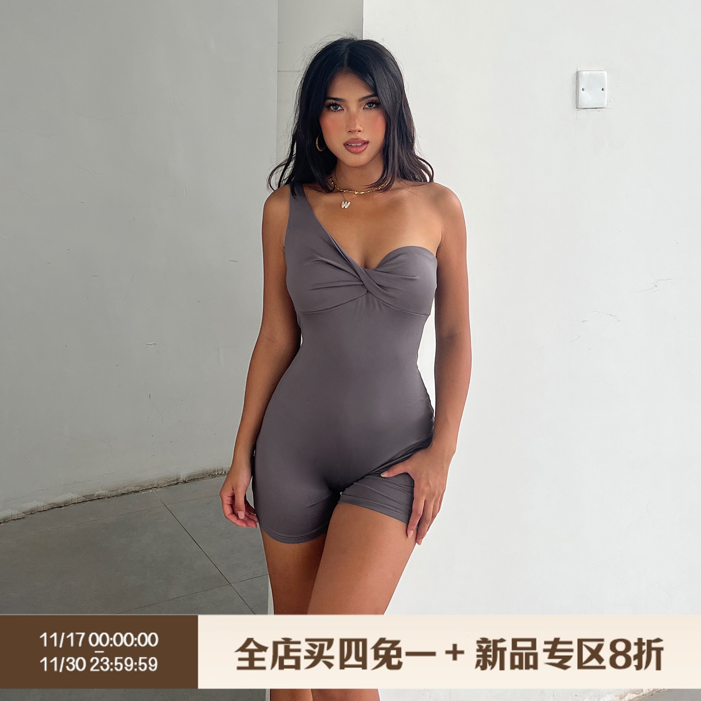 欧美辣妹纽结单肩露背吊带连体衣