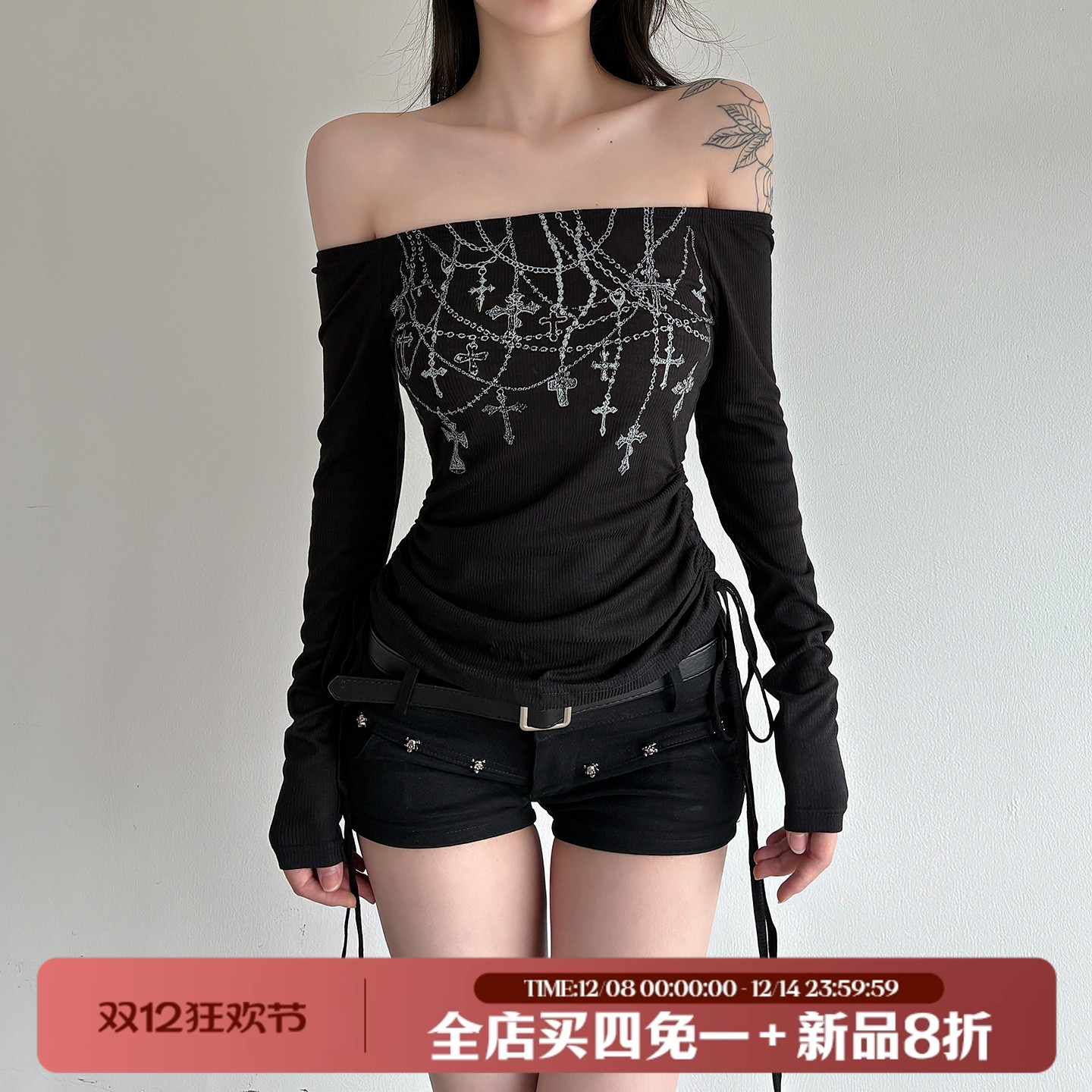 暗黑亚文化性感一字肩长袖T恤女