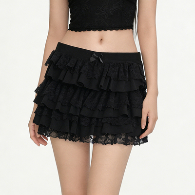 法式层叠蕾丝拼接黑色蝴蝶结短裙
