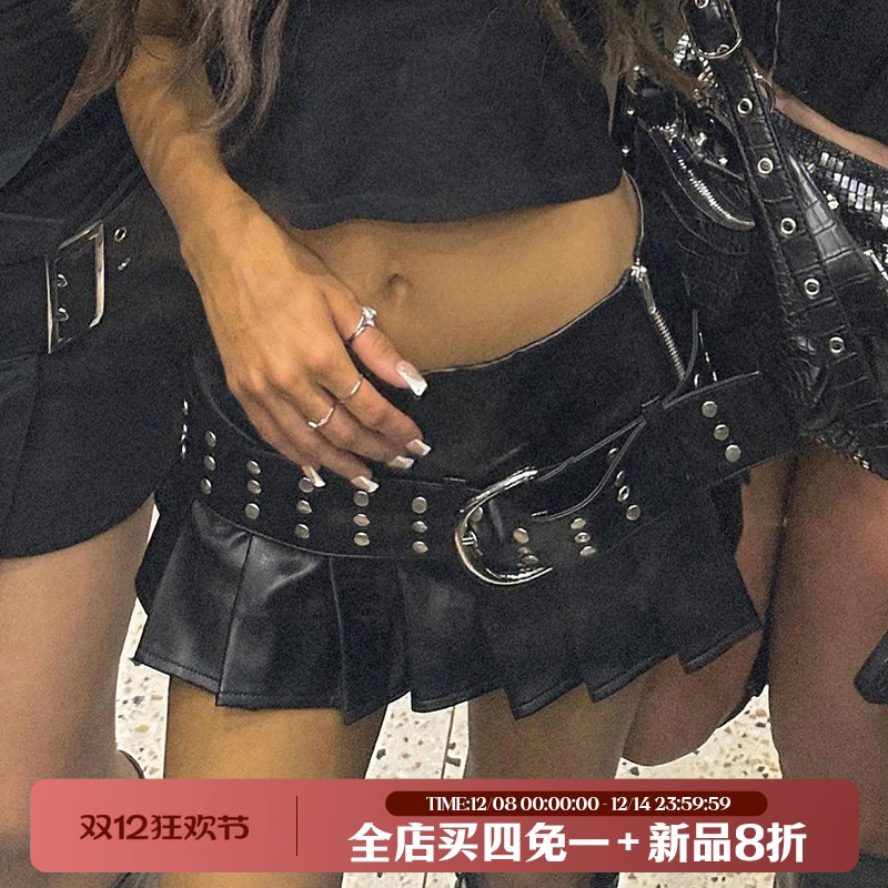 摇滚机车风铆钉腰带装饰皮革短裙