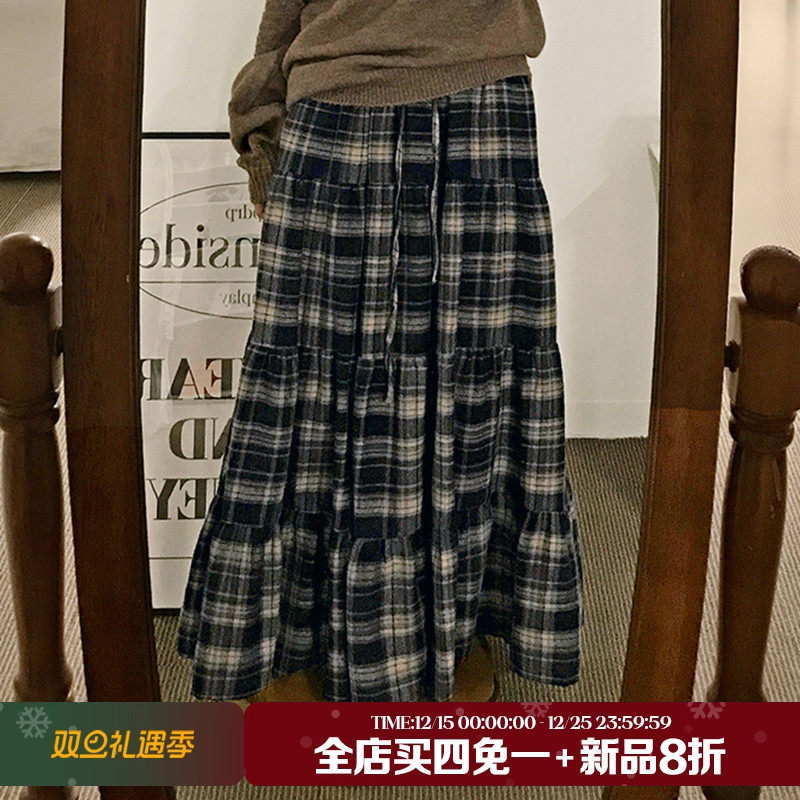 美式学院蓝色格纹宽松系带半身裙