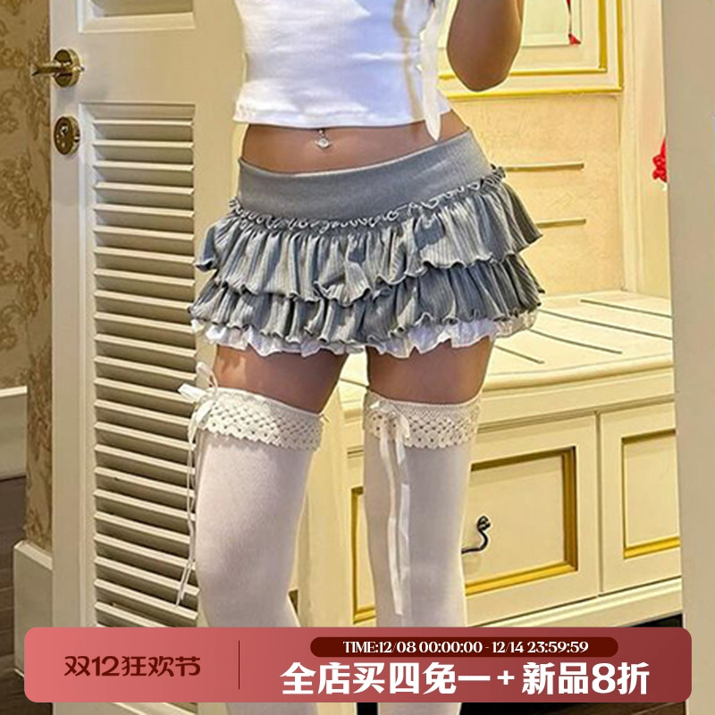 法式格蕾色系撞色拼接少女蛋糕裙