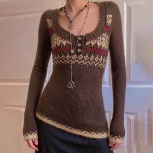 SEEYOULATER 显瘦毛衣vintage毛织上衣女 费尔岛风花纹U领排扣修身