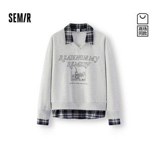 商场同款|森马卫衣女冬翻领抓绒假两件图案2025新款个性复古上衣