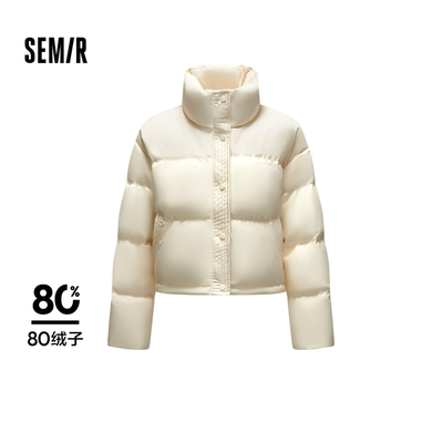 森马立领仿皮宽松短款羽绒服女