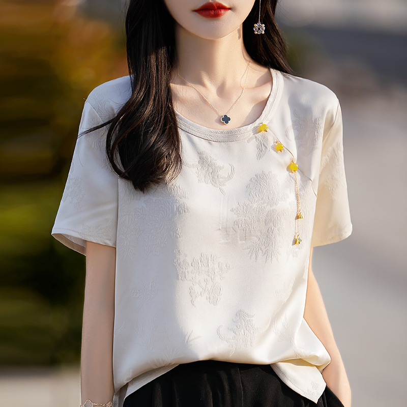 丝绸缎面2025春夏季新款女装圆领短款时尚T恤薄款打底衫国风短袖