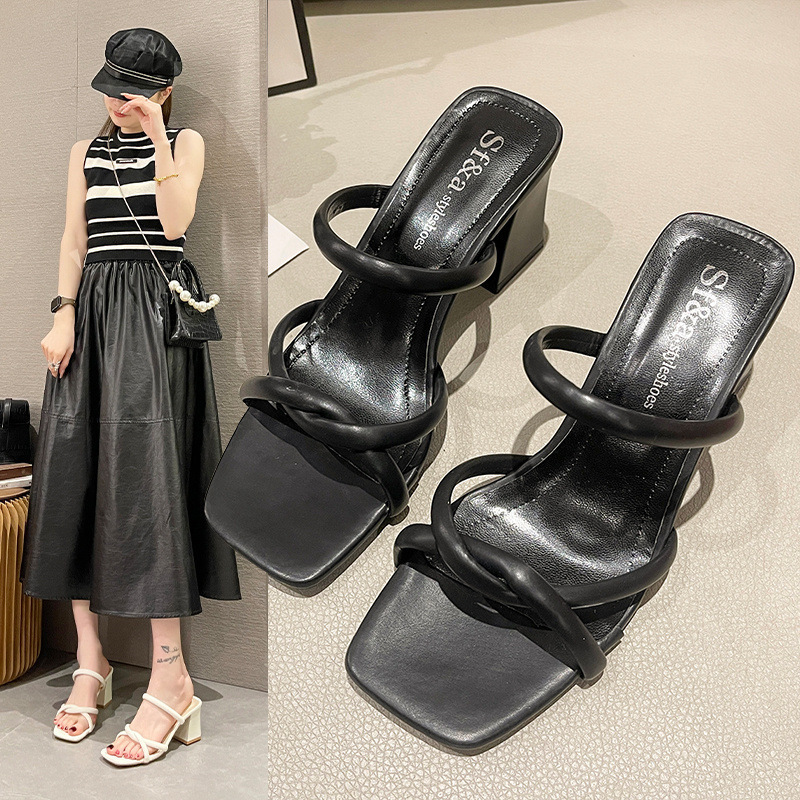 粗跟凉鞋女2024年新款夏季外穿温柔仙女风一字带高跟半拖代发