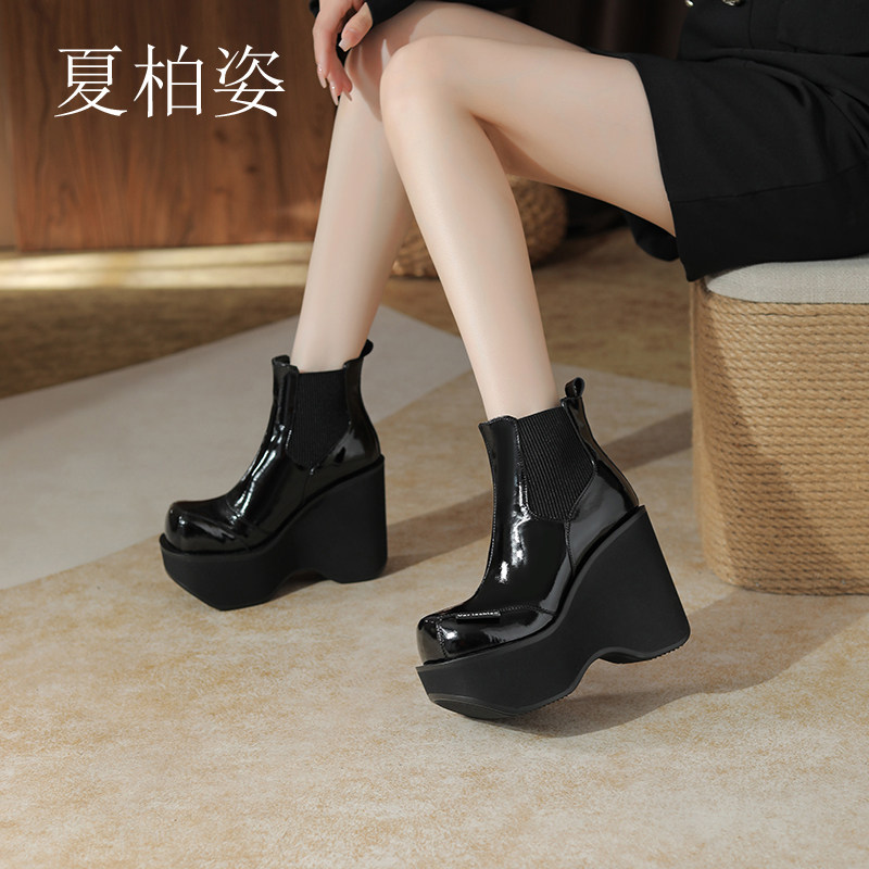 12厘米内增高马丁靴女漆皮厚底时尚坡跟短靴小个子加绒大头单靴子