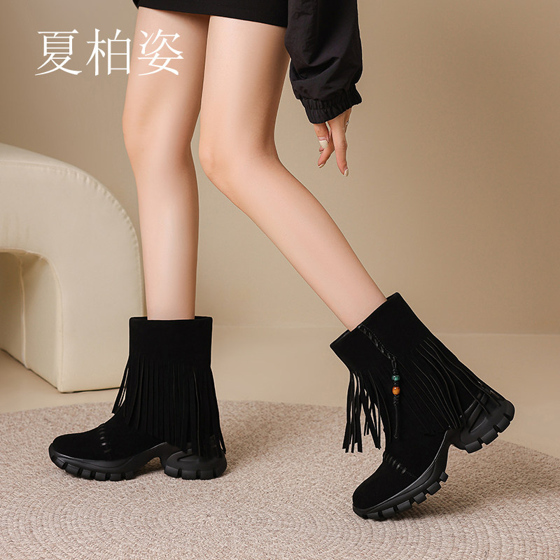 夏柏姿磨砂牛皮10cm内增高短靴女